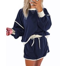 SELINK 여성용 라운지 세트 투피스 스커트 컬러블록 드롭 숄더 티셔츠 및 치마바지 세트 여름 트랙수트 Z59 네이비(긴팔) S