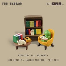 台灣出貨 小青蛙陪你喝喝咖啡看看書! 青蛙桌面擺件 動物DIY 微景觀 娃娃屋裝飾品 車載日式迷你可愛擺飾, 组合二 书柜版(包含小圓桌)