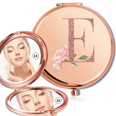 돋보기 메이크업 라운드 거울 양면 금속 화장품 휴대용 모양 유리 소형 휴대용 거울 로즈 골드 문자 패턴, E