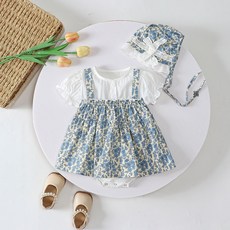 DFMEI 夏裝滿月女寶寶嬰兒服小碎花花公主小裙子假二件三角哈衣哈裙送帽