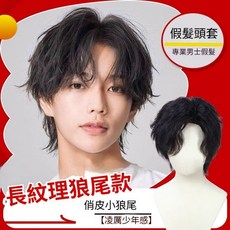 狼尾鯔魚頭男士假髮 微分紋理燙捲髮 自然蓬鬆帥氣逼真 全頭套式補髮片, 狼尾鯔魚頭【遞針分縫+全真髮】均碼,狼尾款紋理燙 戴上秒變帥哥, 1個