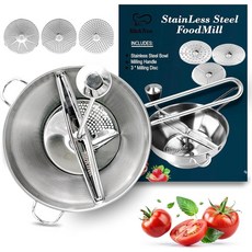 3개의 그라인딩 밀링 디스크가 있는 푸드 밀 볼 및 밀링 핸들 안전 스테인리스 스틸 밀 그라인더 토마토 감자 매셔 야채 차퍼 베이비 푸드 프로세서용 완벽한 푸드 밀 (, 3개의 그라인딩 밀링 디스크가 있는 푸드 밀, 볼 및