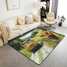 Erosebridal Highland 소 부분 러그 7.6 x 12.7cm(3 x 5인치) 스쿨버스 프린트 흘리지 않는 직사각형 카펫 농가 소박한 도로 어린이 성인 실내 바, 3'3" x 4'11" (Rectangular), 옐로우 그린