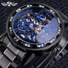 남자 스켈레톤 오토매틱 기계식 수동 시계 2060 손목, 1, C. 블랙 블랙 다이얼 블루 문자 블랙