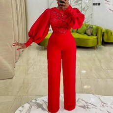 여자 레드 Jumpsuits 꽃 레이스 긴 넓은 다리 바지 패션 파티 여성 의류 가을 사무실 착용 대형
