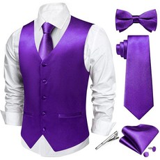 DiBanGu 남성용 정장 조끼 및 타이 세트 6피스 단색 새틴 브이넥 정장 조끼 조끼 나비 넥타이 포함 파티 웨딩 턱시도 퍼플. 미디엄