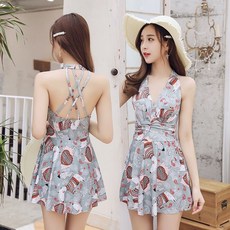 韓國ins泳裝連體印花裙式保守超仙小胸遮肚顯瘦性感泡溫泉泳衣女, 032070時尚海藍色大花款,L【47.5-52.5公斤】