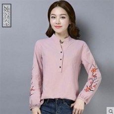 粉色長袖刺繡花朵立領襯衫, 刺繡棉麻長袖T卹, 1件