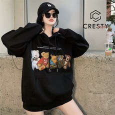 크레스티 여성 기모 베어 프린트 맨투맨 티셔츠 오버핏 후드티