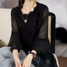 ATTERLIC 女款透視袖蕾絲荷葉邊光澤襯衫 00268