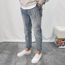 男款彈性破洞水洗牛仔隱藏鬆緊帶前拉鍊9分牛仔褲