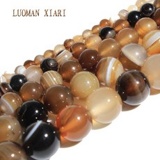 LUOMAN XIARI 라운드 자연 갈색 줄무늬 마노 스톤 비즈 쥬얼리 만들기 DIY 팔찌 소재 4/6/8/10/12mm 스트랜드 15'', 4mm, 1개
