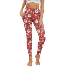 NDISTIN 주머니가 있는 여성용 요가 레깅스 스트레치 하이 웨이스트 팬츠 복부 컨트롤 캐주얼 액티브웨어 크리스마스 산타클로스 캔디 케인 레드 M
