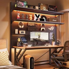 立式洞洞闆置物架落地電競房間裝飾金屬收納架免打孔電腦桌麵改造桌麵置物架 層架, 炫酷黑,#186高/165長+三層, 1個