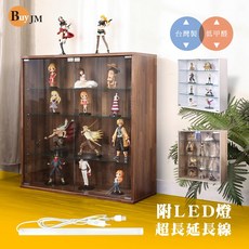 BuyJM LED燈加大四層低甲醛強化玻璃GK公仔櫃展示櫃收納櫃玻璃櫃 寬80cm 可堆疊, 集成木色-實木腳式,深40附1個LED燈+鏡面背板