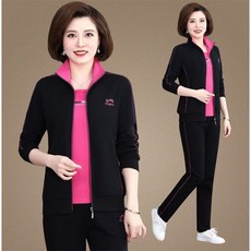 남극인 엄마 봄옷 2022 중노년층 트레이닝복세트 여성 봄가을 빅사이즈 중년 쓰리 피스이다, 1개, 블랙 로즈레드 (긴 소매 이너웨어 )