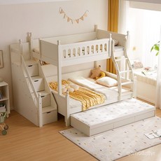 林氏傢居闆木結閤床高低床二層上下鋪床樓梯櫃雙人拖拉床, 1個, 海鹽高低床+床墊*2含小狗沙發,1.2*1.9