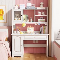 貓嶼兒童學習桌書架組合，家用臥室高顔值書桌，女孩房間網紅寫字桌, 黑色旋轉椅---分享有禮