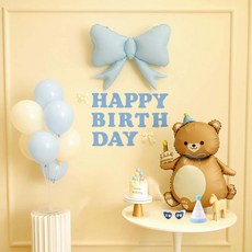 [파티랑]더스티 파스텔 리본 스탠드 생일파티 가랜드풍선세트, 1세트, 22)피콕블루 케익곰돌이형 (블루) 풀옵션