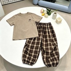 男童夏裝套裝 短袖格子長褲