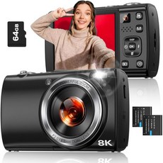 사진 촬영용 8K 디지털 카메라 88메가픽셀 와이파이 브이로그 유튜브용 전면 후면 렌즈 포함 자동 초점 16배 줌 휴대용 여행용 플래시 내장 터치스크린 64기가바이트 카드 배터, Black