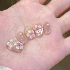 台灣出貨 純手工穿戴甲 可拆卸穿戴式美甲 美甲貼片 手工美甲 手工亮片 春夏 立體 桃花 桃之夭夭 超顯白美甲, 1個, 長款美甲,M