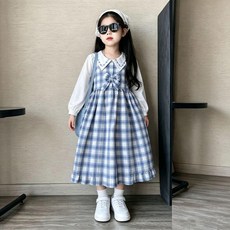 女童格子連衣裙 娃娃領長袖 蝴蝶結假兩件式裙子