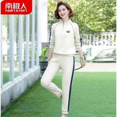남극인 봄가을 타입 운동복 얇은 봄옷 슬림핏 마담 엄마옷 룩 중년 맨투맨 커버, 1개, 베이지컬러