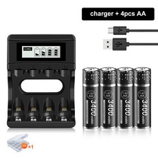 PALO 100 원래 1.5V AA 리튬 이온 충전지 3400mWh AA 리튬 충전지 장난감 자동차용 1.5V AA 배터리, 4 battery 1 charger, 06 4 battery 1 charger