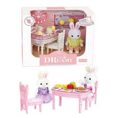 BAY DREAMY娃娃屋套裝 兔子玩偶與迷你家具 激發兒童想像力 安全無毒材質, 餐桌款, 1個