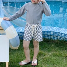 구빠방 아동 체크 긴팔 래쉬가드 수영복