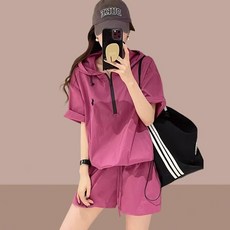 大碼防曬衣短褲兩件套 寬鬆顯瘦短袖潮流套裝 大尺碼套裝, 黑色,XXL