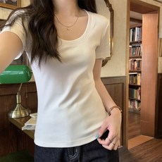 단색 캐주얼 다용도 U넥 정숄더 슬림핏 여성용 반팔 티셔츠 상의