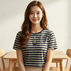 데일로엔 여성 스트라이프 라운드 넥 반팔 데일리 캐릭터 자수 티셔츠