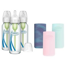 Dr. Brown's 배앓이 방지 옵션+ 좁은 유리 아기 젖병 226.8g(8온스)/250mL 레벨 1 슬로우 플로우 젖꼭지 포함 3팩 0m 이상 블루 100% 실리콘 슬, Glow/Pink/Mint, 8 oz
