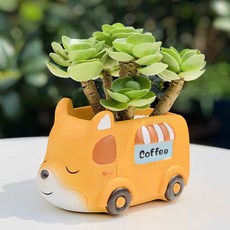 핸드메이드 화분 큐티 애니멀 다육이 화분 캠핑카 파티 화분 홈카페 발코니 장식 아이디어 선물 1종 다육이 화분, 1개, 커피차