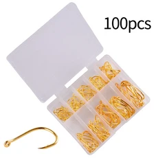 Donql 100pcs 탄소강 낚시 후크 세트 단일 원형 fishhook 플라이 낚시 지그 가시 잉어 후크 태클 액세서리, 02 100pcs gold