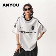 ANYOU 미국식 빈티지 테이프 반팔 티 여름 루즈핏 아카데미 스타일 트레이닝 커플 상의