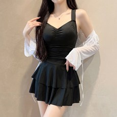 베르슈어 체헝커버 모노키니 원피스 가디건 세트 수영복, 블랙