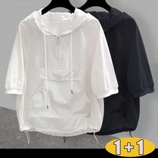 WEIHAN 1+1 남성 빅포켓 후드 반팔 티셔츠 캐주얼 후드 반집업 반팔 자켓 티셔츠 루즈핏