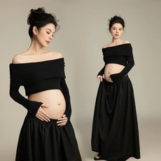 블랙 만삭 촬영 옷 오프숄더 임산부 투피스 사진 주수, 로즈레드 상의 드레스