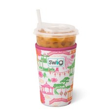 Swig Life 대형 아이스 컵 쿨리 887.5-946.4ml(30-32온스) 커피 단열 슬리브 손잡이가 달린 네오프렌 쿨리로 음료를 차갑게 유지(딸기 쇼트케이크) 281, 파고다 파라다이스