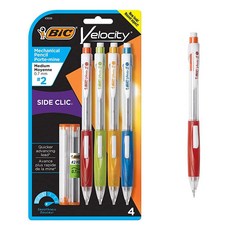 [ 725695 ] BIC Velocity 사이드 클릭 샤프 다채로운 배럴 포함 미디엄 포인트 (0.7mm) 지우개 및 심 리필이 있는 샤프 4개입 팩