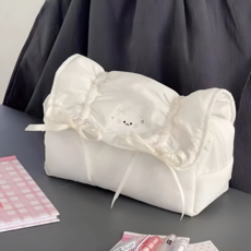 코코넛하우스 고양이 리본 셔링 대용량 필통 파우치, 1개