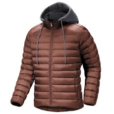 남성용 패딩 재킷 경량 겨울 따뜻한 재킷 퀼트 후드 방수 집업 단열 푹신한 코트 후드 포함 브라운. XL