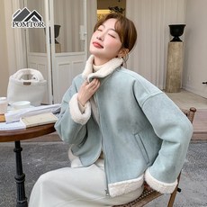 POMTOR 여성 겨울 숏 자켓 스웨이드 하이넥 양털 무스탕 자켓