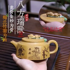 龍骨金砂手工柴燒瑞獸功夫茶紫砂壺, 1個, 手工八方瑞獸功夫茶紫砂壺:300ML