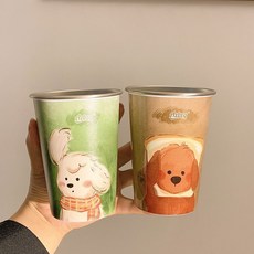 新品吹風小狗漱口杯家用牙刷杯子洗漱情侶學生宿舍不鏽鋼牙具牙杯, 1個, 咖啡棕-抱枕小狗,高級304不鏽鋼-印刷洗漱杯