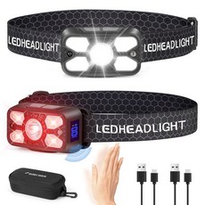 Elmchee 충전식 헤드램프 2팩 2500 루멘 밝은 5 LED 헤드라이트 7가지 모드 조절 가능한 모션 센서 USB-C 방수 헤드 손전등 야외 하이킹 캠핑 낚시 (5, 5 Led Headlamp