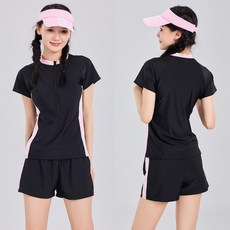 삐삐네옷가게 여아 주니어 수영복 반팔 러블핏 래쉬가드 상하세트 + 수영모